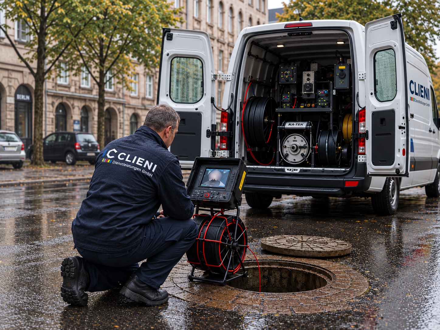 CLIENI-Monteur bei der Kanal-TV-Inspektion an einem geöffneten Schacht in Berlin, dahinter das Einsatzfahrzeug mit Kameratechnik und Schlauchtrommeln