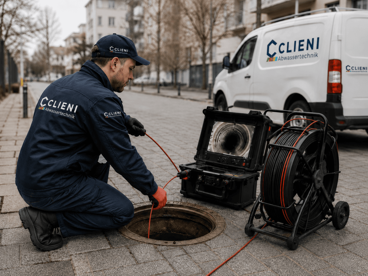 CLIENI Techniker bei der Kanal-TV-Inspektion an einem Schacht